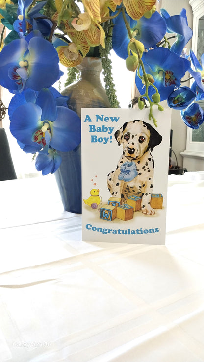 Baby shower greeting Card for boys-the dog and the boy.