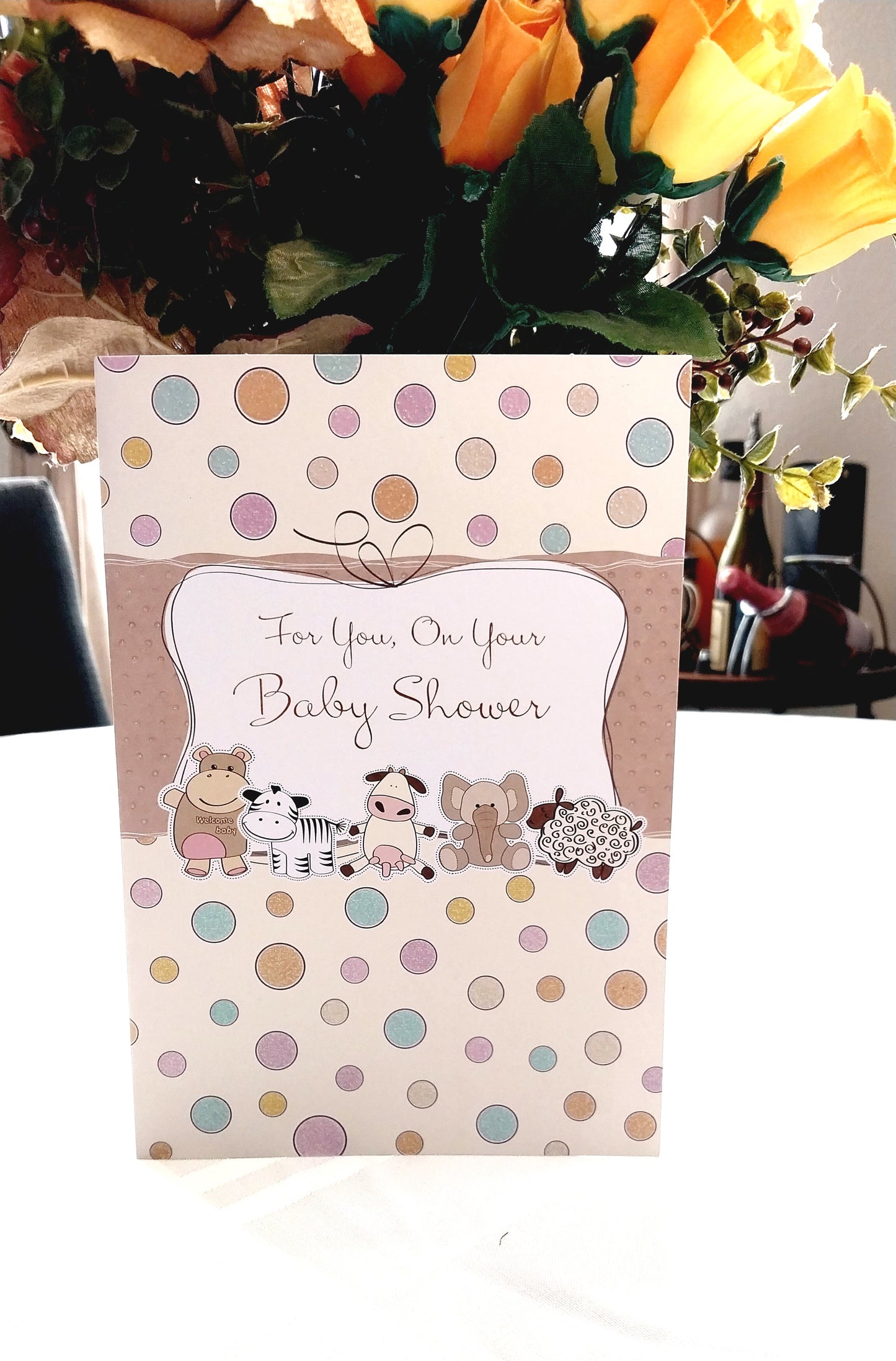 Premium unisex animals Baby shower greeting Card with white envelope.